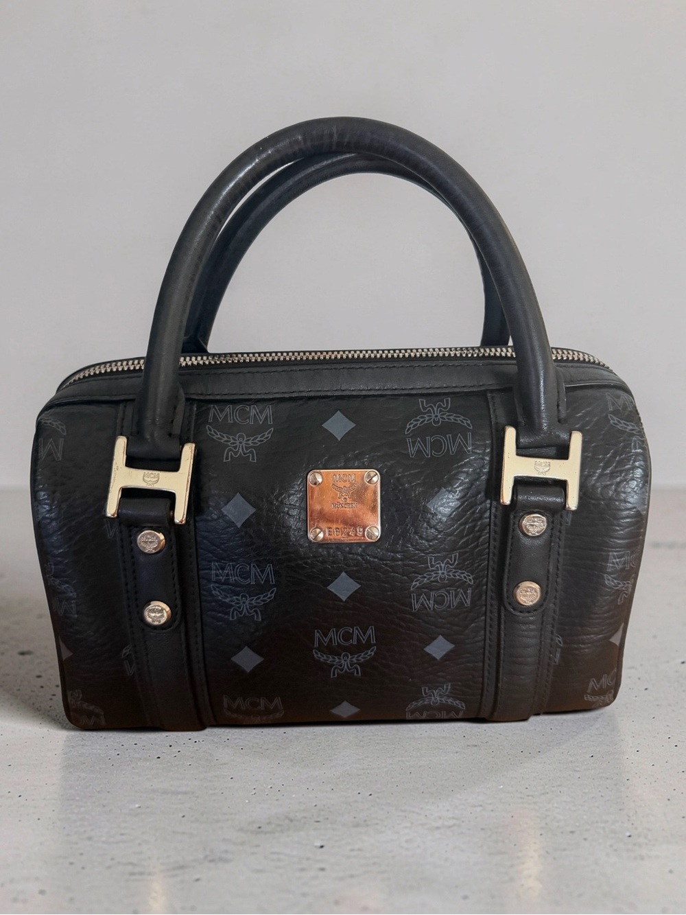 Authentic MCM Black Visetos Mini Satchel with Silver Hardware 20cm